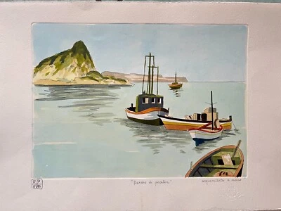 Dipinto Aldo Riso Certificato 50x35 "Barche di Pescatori" Quadro Nuovo Originale - Immagine 1 di 4