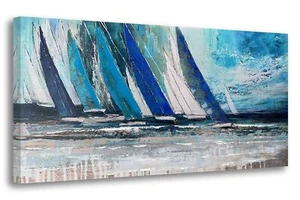 Arjun Blue Abstract Wall Art Canvas Teal Ocean Sailboat Picture Modern Turquo... - Picture 1 of 6