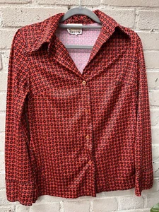 Vintage 70s Disco Jantzen Red Shirt Blouse Nylon Hippie Woodstock Womens S - Picture 1 of 5