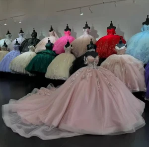 Pink Bead 3D Flower Quinceanera Dresses Off The Shoulder Corset Ball Gowns - Picture 1 of 9