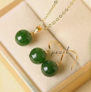 NICE AAAA 10mm Perfect Round green jade pendants Earrings set 14k gold - Picture 1 of 6