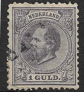 Netherlands 1872-1888  King Willem 3,  NVPH no. 28 , 1 gld gray violet, Repaired - Picture 1 of 2