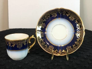 1890s M. Redon MR / PL Limoges Gold Flow Blue Demitasse Cup & Saucer - Picture 1 of 11