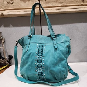 Lucky Brand Western Leather Shoulder Bag Crossbody Whipstitch Hobo Blue Green - Picture 1 of 24