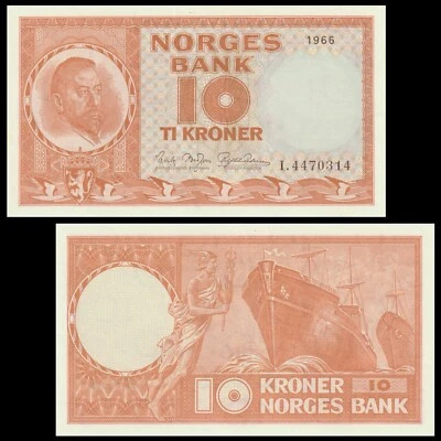 🇳🇴 Norway  10 Kroner  1966  P 31 d   “I” Prefix   Crisp GEM UNC - Image 1 of 4