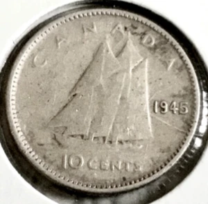 1945 Canada 10 Cents 80% Silver KM #34 - Picture 1 of 2