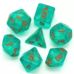 Blue/Teal Glitter Party Dice (Red/Orange font) 7-Dice Set RPG DND - Picture 1 of 4