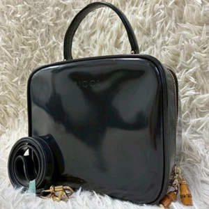 Vintage Authentic GUCCI handbag 2way Bamboo Enamel Patent Leather Vanity Black - Picture 1 of 16