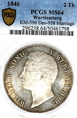 German State Wurttemberg 1846 2 Talers Coin PCGS MS64 F.STG/STG  Thaler MARRIAGE - Image 1 of 3
