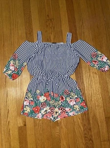 MY MICHELLE, Blue Stripe, Floral Cold Shoulder Romper; Girl's Size L - Picture 1 of 10