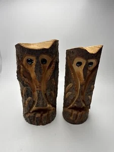 2x Hand Carved Wooden Owl Statues with Marble Eyes Made in Pennsylvania Knoebels - Picture 1 of 7