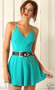 Emerald Cross Back V Neck Romper Lined S 8 10 Playsuit Skirt Dress Party Chiffon - Picture 1 of 4