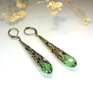 Vintage Women Boho Green Gemstone Long Dangle Earrings Unique Fashion Copper New - Picture 1 of 6