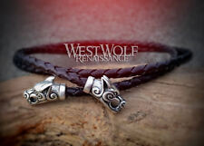 Braided Black Leather Bolo with Wolf Head Terminals - Necklace/Cord/Rope/Pendant