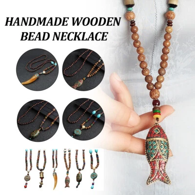 Retro Ethnic Style Pendant Sweater Chain Long Wooden Bead Necklace Fashion AU - image 1 of 4