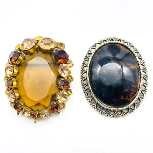 Oval Brooch Lot of 2 Brown Glass Rhinestone Frame and Mottled Bead Lacy Frame - Picture 1 of 8