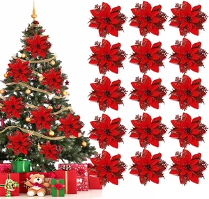 15 Pezzi Stella Di Natale, Fiori Artificiali per Albero Di Natale, Rosso, Decora - Foto 1 di 12