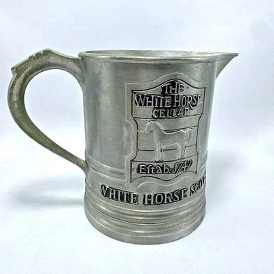 Jarra de barra de peltre White Horse Scotch 16 oz Browne Vintners Co. NY 4,5" de alto Foto 1 de 4