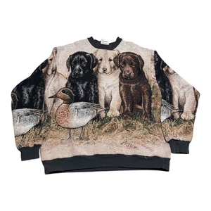 Vintage 90s Sugar Street Weavers Puppy Dog Duck AOP Quilt Sweater Men's XL - Picture 1 of 10