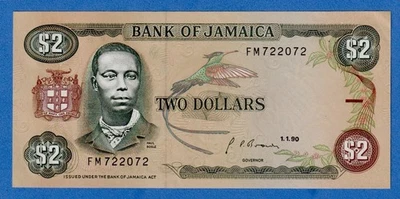 Jamaica $2 1990 P-69d Light Circulated Note (EF+/AU) - FM722072 Foto 1 de 4