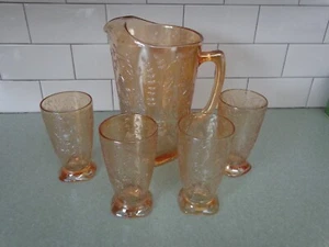 "Flora Gold" Depression Glass Pitcher With Ice Lip And Four Glasses/Tumblers Set - Picture 1 of 9