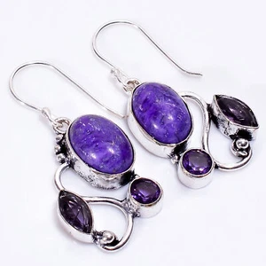 Charoite Amethyst Fashion 925 Sterling Silver Dangle Earrings 1.7" ARE-1403 - Picture 1 of 3