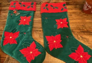 2 Vintage Velvety Green Poinsettia Christmas Stockings Applique 20” NEW - Picture 1 of 7