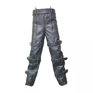 Herren schwarz Leder Locking Bondage Keuschheit Jeans Hose mit Reißverschluss hinten - Bild 1 von 4
