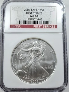 2005 $1 AMERICAN SILVER EAGLE NGC MS69 first strikes - Picture 1 of 4
