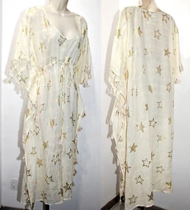 Z&LEurope Long Kaftan Cotton Swim Coverup Tassels Boho in Cream Gold Stars sz XL - Picture 1 of 13
