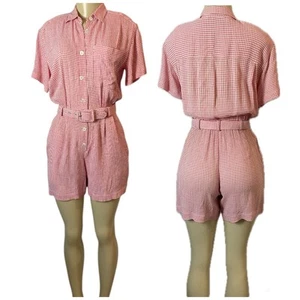 Liz Sport Petite Vintage 90s Gingham Romper Collared Belted Pink White Size 2 P - Bild 1 von 8
