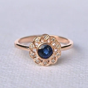 Natural Sapphire and Diamonds Gemstone Women Flower Ring 14k Solid Gold Ring A09 - Picture 1 of 8