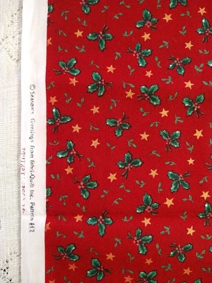 Season's Greetings Fabri-Quilt BTHY Red Holly Berries Stars Cotton Fabric 16x44 - Image 1 of 3