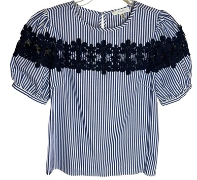 Milly Top P XS S Blue White Stripe Crochet Lace Accent Puffy Short Sleeve Blouse - Image 1 of 4