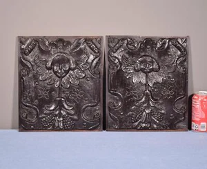 Pair of Antique French Solid Oak Highly Carved Panels with Angel Faces 1800's - Picture 1 of 12