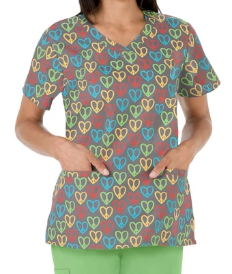 {MED} Jockey Medical Uniform Scrubs Top Doodle V-Neck Print Hearts - Image 1 of 3