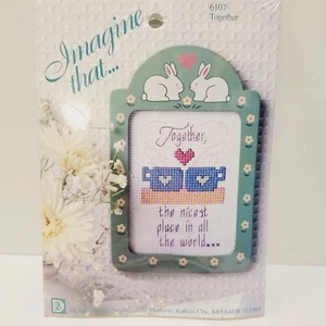 Vtg Imagine That Together Bunny Rabbit Frame Cross Stitch Kit Green Floral Frame - Picture 1 of 3