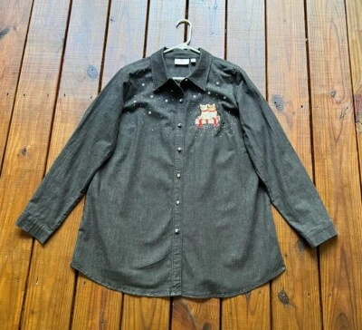 NWT Quacker Factory women's L gray black holiday cat sparkle snow shirt jacket - Image 1 of 4