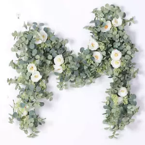 6.56Ft Eucalyptus Garland with Flowers-8 White Roses, Artificial Fake Flowers Gr - Picture 1 of 12