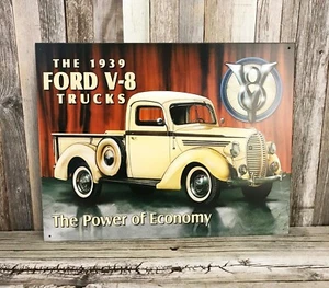 Ford 1939 V-8 Trucks The Power of Economy V8 Metal Tin Sign Vintage Garage - Picture 1 of 2