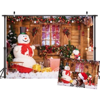 7x5FT Vinyle Mignon Bonhomme De Neige Photographie Toile De Fond Noël Maison ... - Photo 1/4