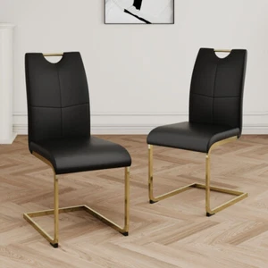 Set of 2 Modern Dining Chairs, Faux Leather Padded Seat, Gold Metal Legs - Picture 1 of 18