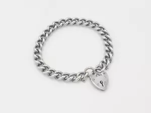 70s VTG 925 Sterling Silver Heart Padlock Curb Bracelet Chain 7.5 inch 31.9g - Picture 1 of 8