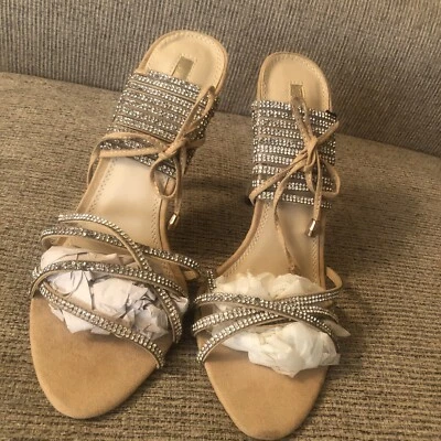 LILIANA NEW Nude Stone STLIETTO High Heel Open Toe Lace Up Shoes women Size 10 - Image 1 of 4