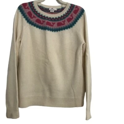 Suéter Vineyard Vines Rosa Crema Ballena Cuello Redondo Fair Isle Para Mujer Pequeño Raro Foto 1 de 4