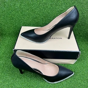 BCBGeneration Black Faux Leather Pointed Toe Chain Detail Harlia Pump Sz 11 - Picture 1 of 10