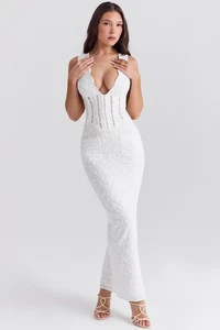HOUSE OF CB 'Sophina' White Cotton Plunge Maxi Dress XS 6/8 3856 - Picture 1 of 11