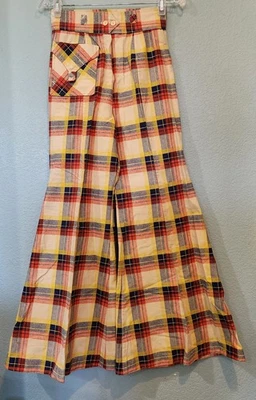 Calça Xadrez Verdadeira Bell Bottom Algodão Groovy Creme Vermelho Extra Grande Anos 70 Cintura Alta 26 - Imagem 1 de 4