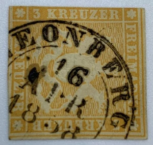 1857 WURTTEMBERG STAMP #9 WITH APRIL 1858 LEONBERG SON CANCEL - Picture 1 of 2