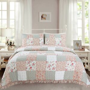 Mucci Floral Ruffle Real Patchwork 100%Cotton Quilt Set, Bedspread, Coverlet